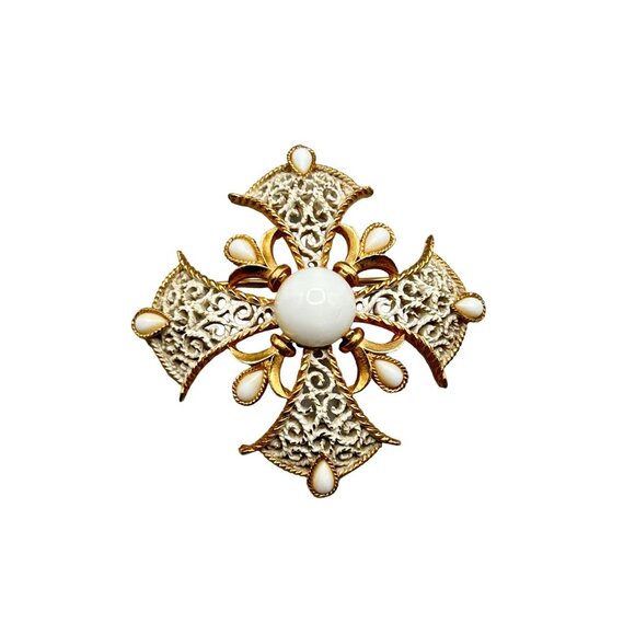 Vtg Signed Trifari Maltese Cross Pin Brooch White Enamel White Stones Filigree - Picture 1 of 8